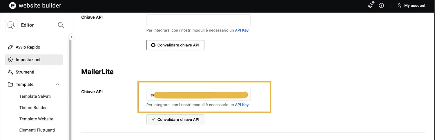 Mailerlite Elementor - Collegare l'API Key