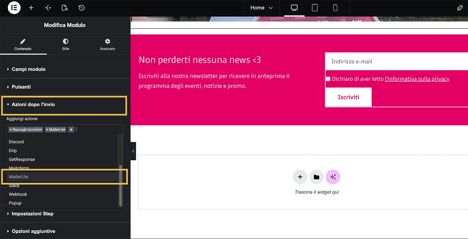 Mailerlite Elementor - Inserire il modulo form