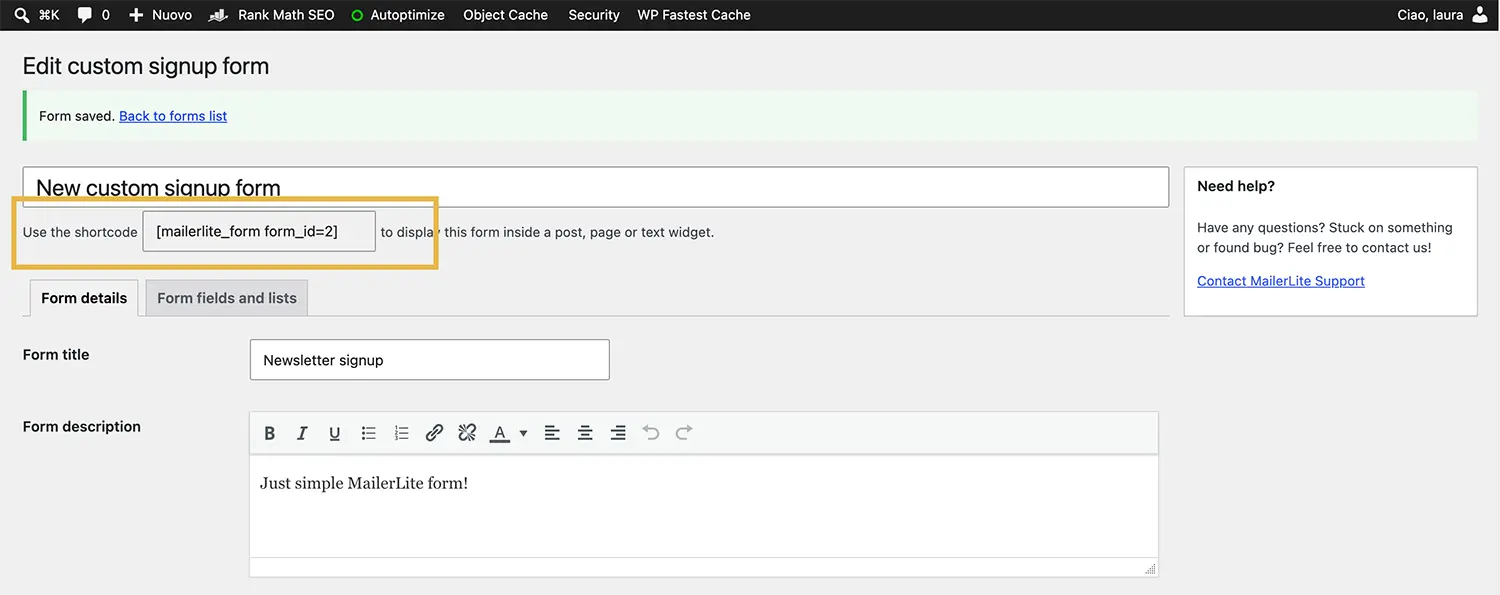 Mailerlite Wordpress - Shortcode plugin ufficiale