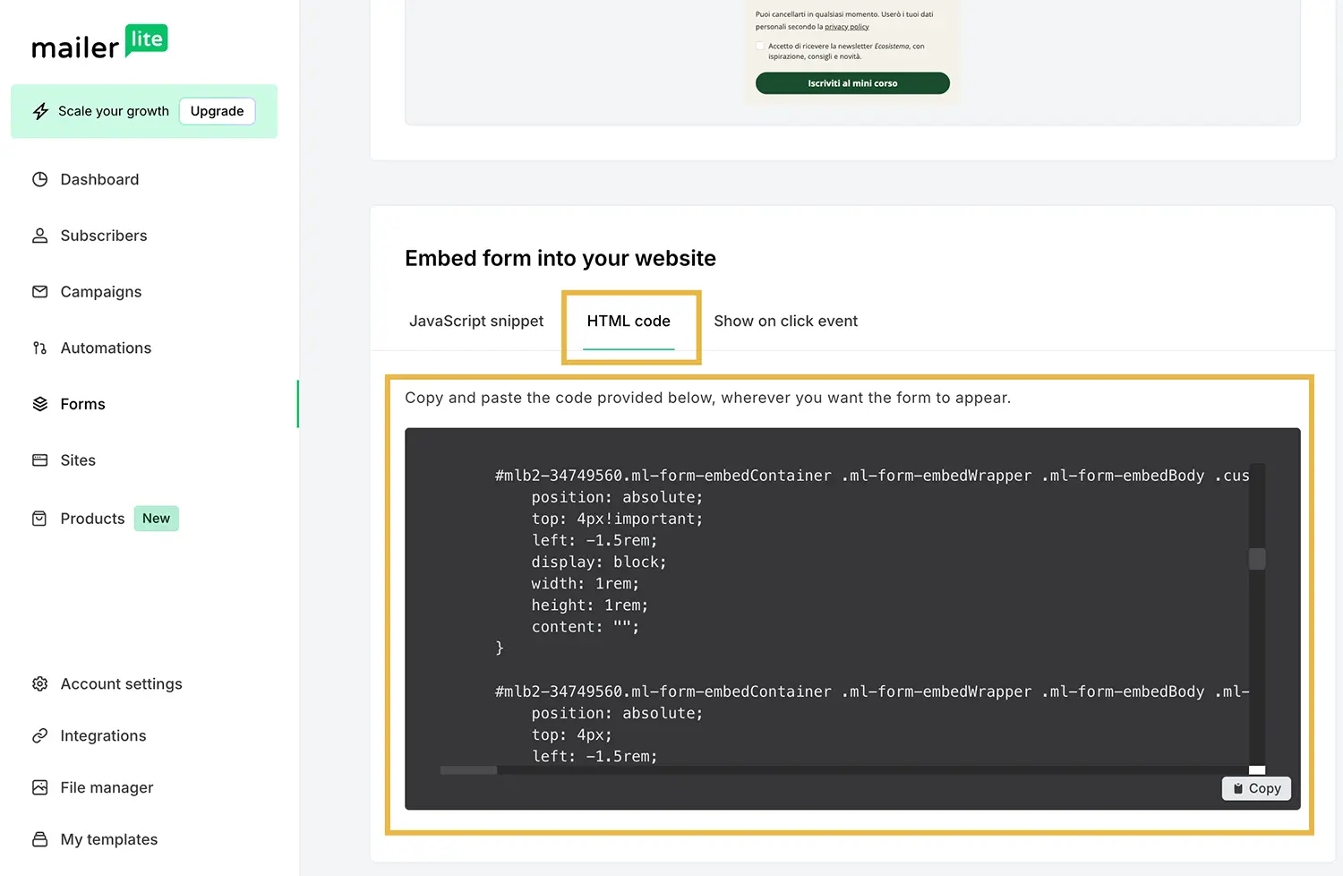 Mailerlite Wordpress - Copiare il codice del form di iscrizione